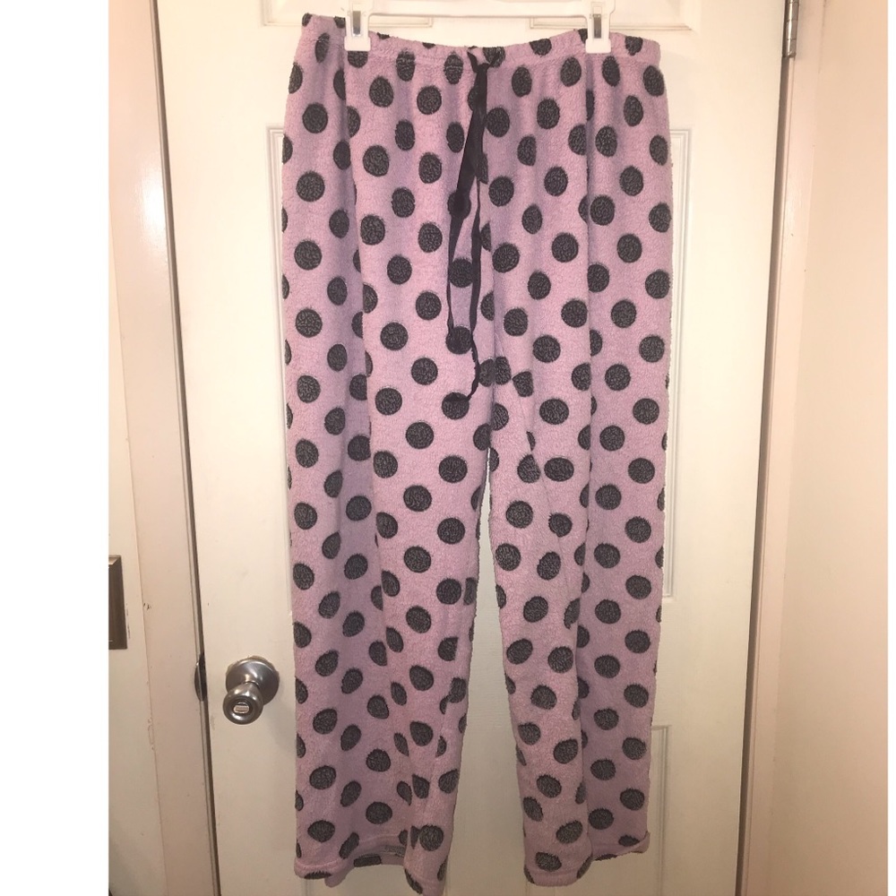 Pink polka dot fuzzy pajama pants